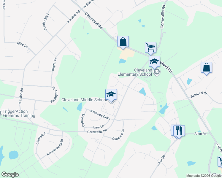 map of restaurants, bars, coffee shops, grocery stores, and more near 2429 Cornwallis Road in Garner
