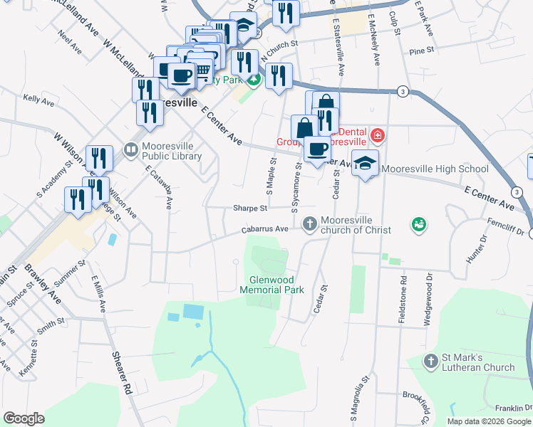 map of restaurants, bars, coffee shops, grocery stores, and more near 388 Sharpe Street in Mooresville