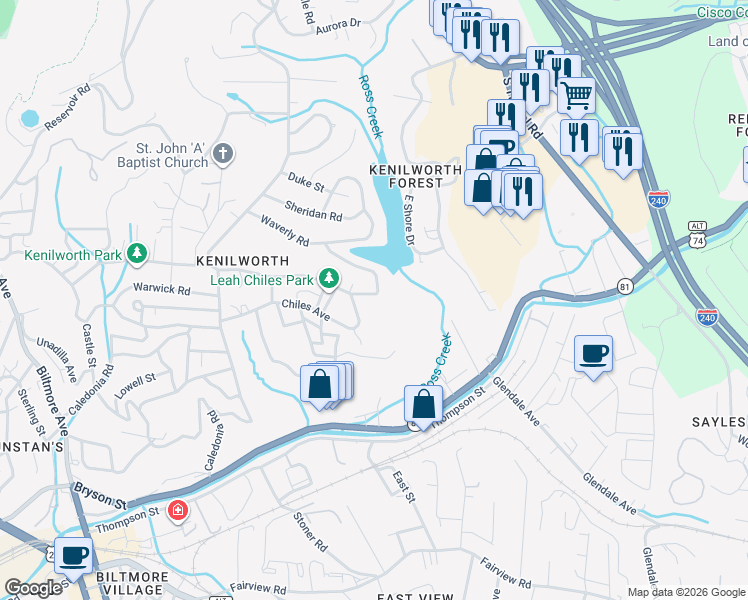map of restaurants, bars, coffee shops, grocery stores, and more near 165 Lakewood Drive in Asheville