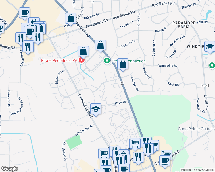 map of restaurants, bars, coffee shops, grocery stores, and more near 103 Breezewood Drive in Greenville