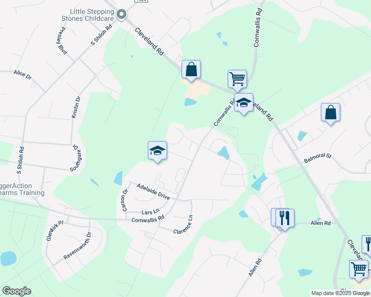 map of restaurants, bars, coffee shops, grocery stores, and more near 50 Paul Place in Garner