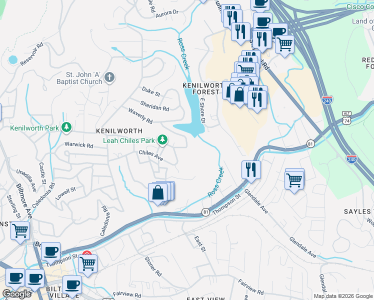 map of restaurants, bars, coffee shops, grocery stores, and more near 165 Lakewood Drive in Asheville