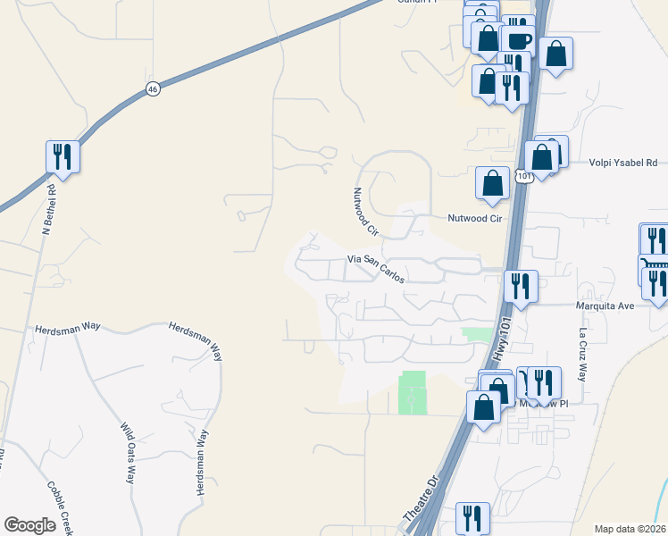 map of restaurants, bars, coffee shops, grocery stores, and more near 184 Terrace Way in Paso Robles