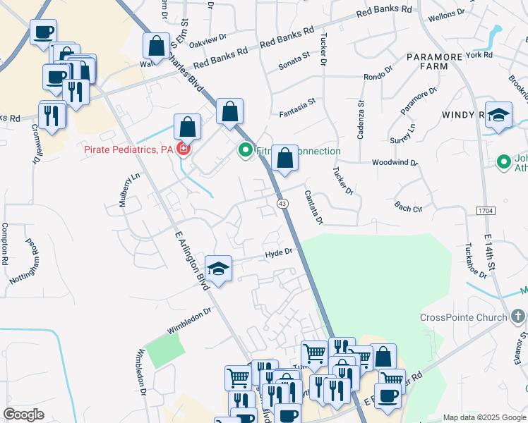 map of restaurants, bars, coffee shops, grocery stores, and more near 32 Upton Court Drive in Greenville