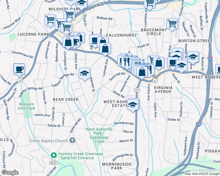 map of restaurants, bars, coffee shops, grocery stores, and more near 103 Olney Road in Asheville