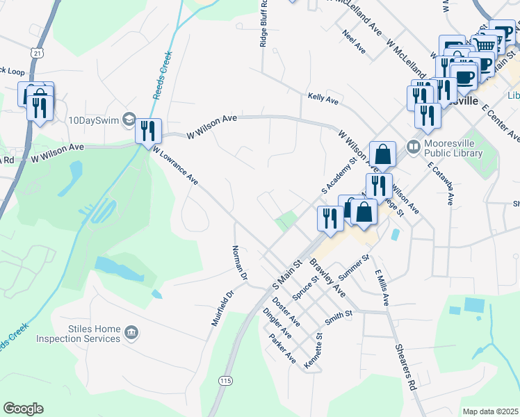 map of restaurants, bars, coffee shops, grocery stores, and more near 326 Lutz Avenue in Mooresville
