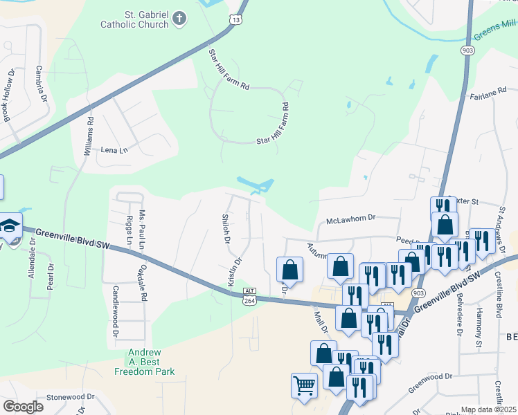 map of restaurants, bars, coffee shops, grocery stores, and more near 402 Alice Drive in Greenville