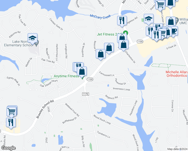 map of restaurants, bars, coffee shops, grocery stores, and more near 885 North Carolina 1100 in Mooresville