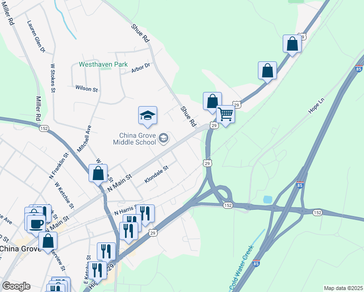 map of restaurants, bars, coffee shops, grocery stores, and more near 1202 North Main Street in China Grove