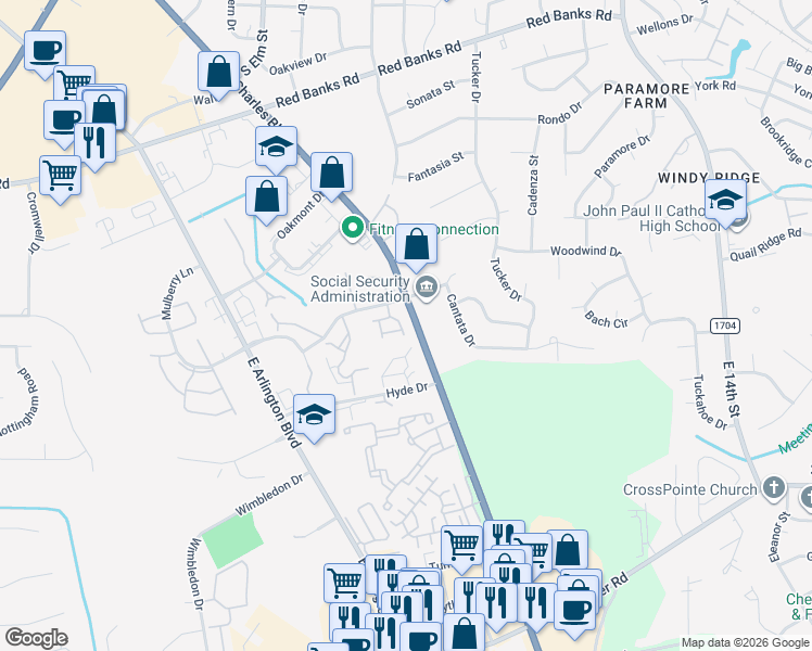 map of restaurants, bars, coffee shops, grocery stores, and more near 2835 North Carolina 43 in Greenville