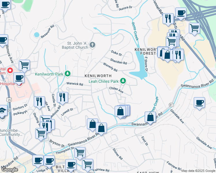 map of restaurants, bars, coffee shops, grocery stores, and more near 12 Chiles Avenue in Asheville