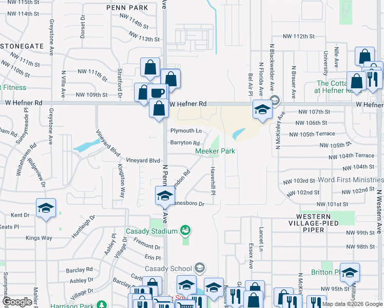 map of restaurants, bars, coffee shops, grocery stores, and more near Meeker Drive in The Village