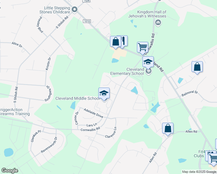 map of restaurants, bars, coffee shops, grocery stores, and more near 55 Meredith Court in Garner