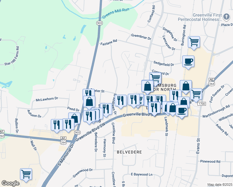 map of restaurants, bars, coffee shops, grocery stores, and more near 319 Saint Andrews Drive in Greenville
