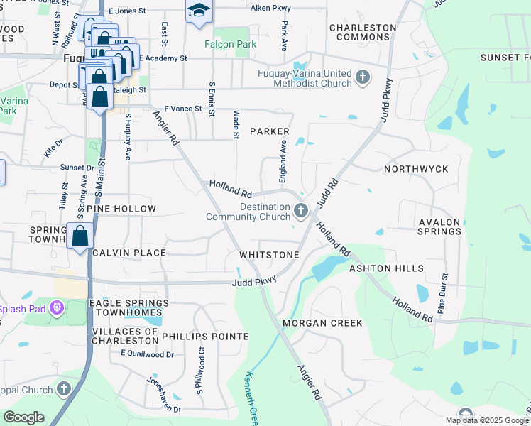 map of restaurants, bars, coffee shops, grocery stores, and more near 425 Creekway Drive in Fuquay-Varina