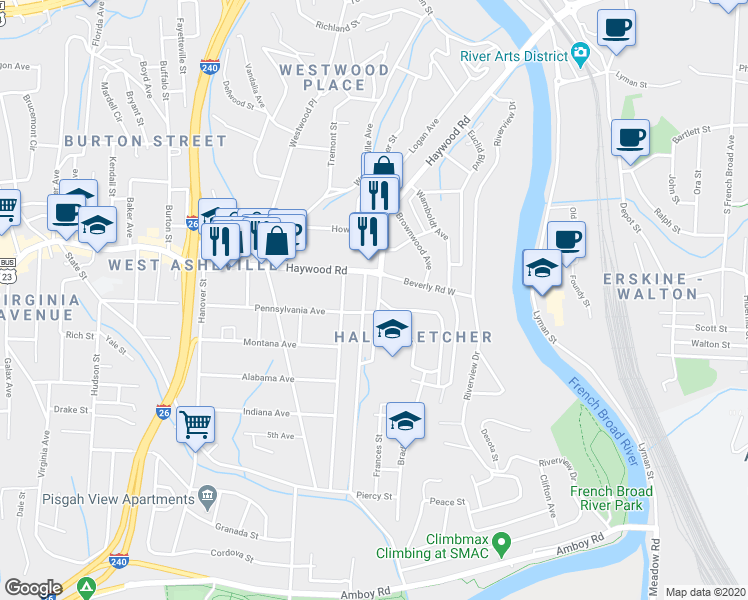map of restaurants, bars, coffee shops, grocery stores, and more near 23 Ridgelawn Road in Asheville