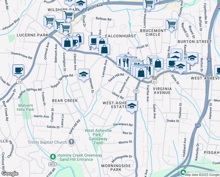 map of restaurants, bars, coffee shops, grocery stores, and more near 82 Sand Hill Road in Asheville