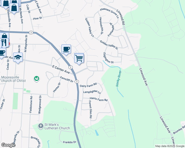 map of restaurants, bars, coffee shops, grocery stores, and more near Doyle Farm Lane in Mooresville