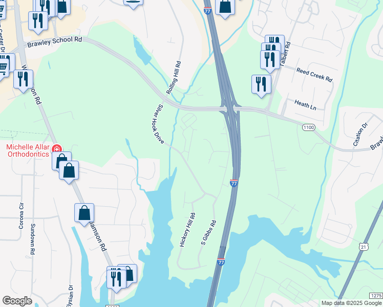 map of restaurants, bars, coffee shops, grocery stores, and more near 143 High Ridge Road in Mooresville