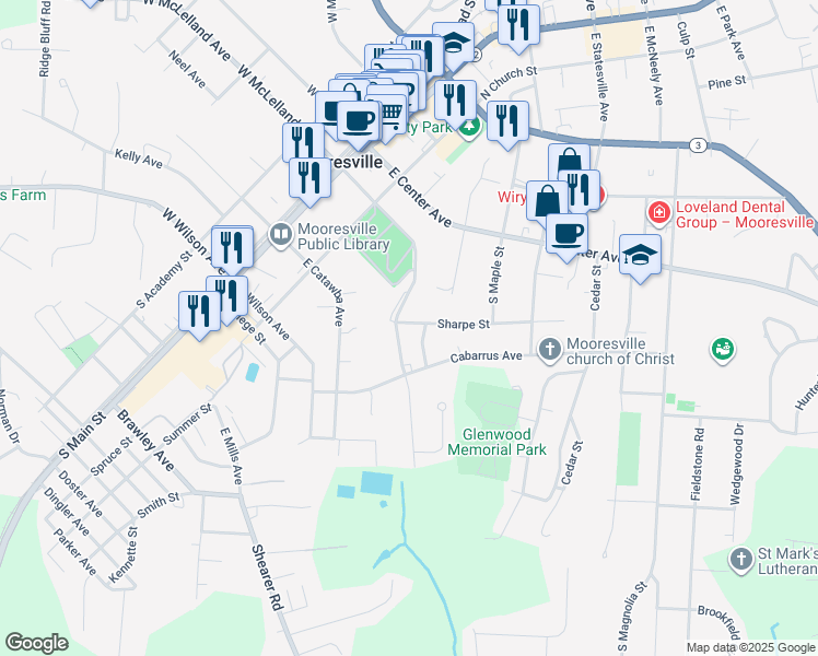 map of restaurants, bars, coffee shops, grocery stores, and more near 313 Sharpe Street in Mooresville