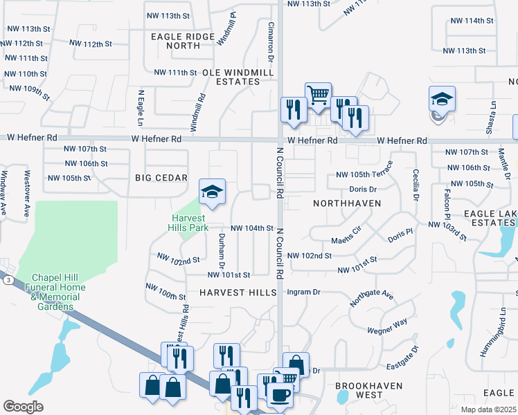 map of restaurants, bars, coffee shops, grocery stores, and more near 10509 North Council Road in Oklahoma City