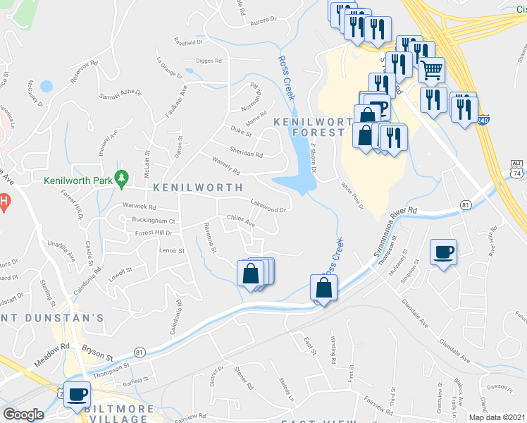 map of restaurants, bars, coffee shops, grocery stores, and more near 129 Lakewood Drive in Asheville