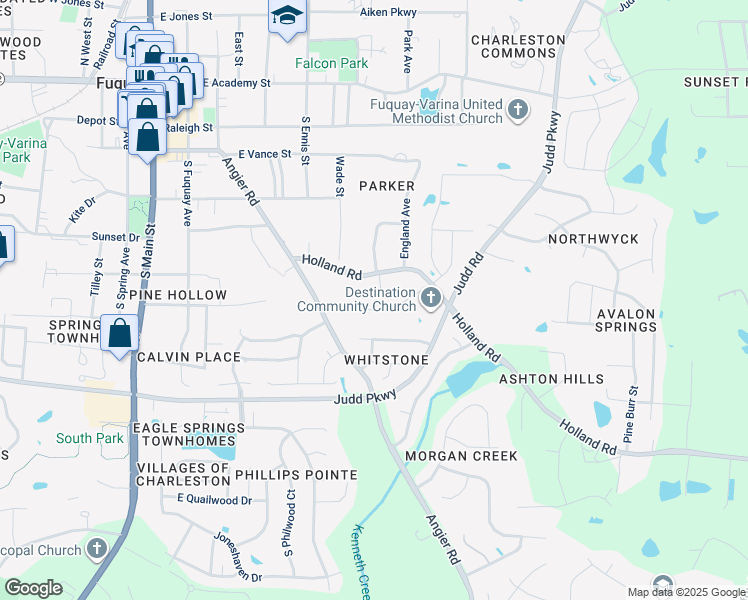 map of restaurants, bars, coffee shops, grocery stores, and more near 425 Creekway Drive in Fuquay-Varina