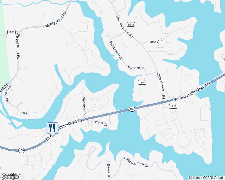 map of restaurants, bars, coffee shops, grocery stores, and more near 7100 Vinewood Road in Sherrills Ford