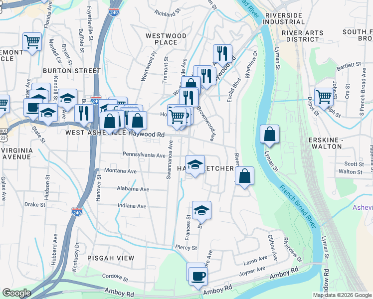 map of restaurants, bars, coffee shops, grocery stores, and more near 23 Ridgelawn Road in Asheville