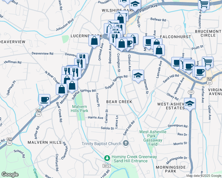 map of restaurants, bars, coffee shops, grocery stores, and more near 237 Sulphur Springs Road in Asheville