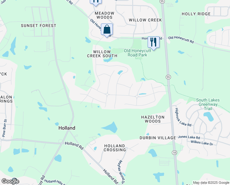 map of restaurants, bars, coffee shops, grocery stores, and more near 6600 North Carolina 55 in Fuquay-Varina