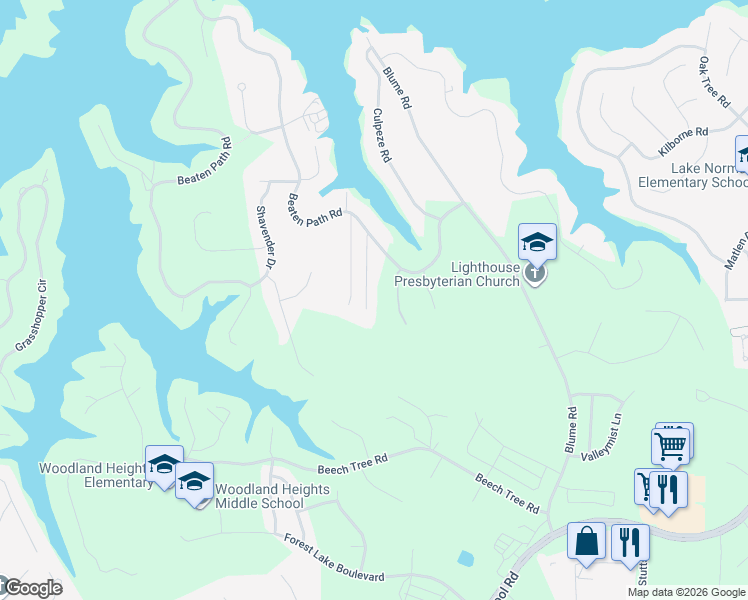 map of restaurants, bars, coffee shops, grocery stores, and more near 143 Vista Bluff Lane in Mooresville