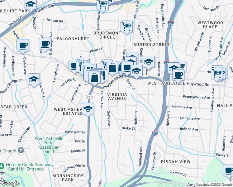 map of restaurants, bars, coffee shops, grocery stores, and more near 49 Nevada Avenue in Asheville