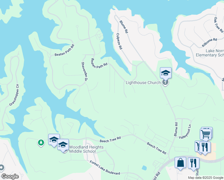 map of restaurants, bars, coffee shops, grocery stores, and more near 142 Vista Bluff Lane in Mooresville