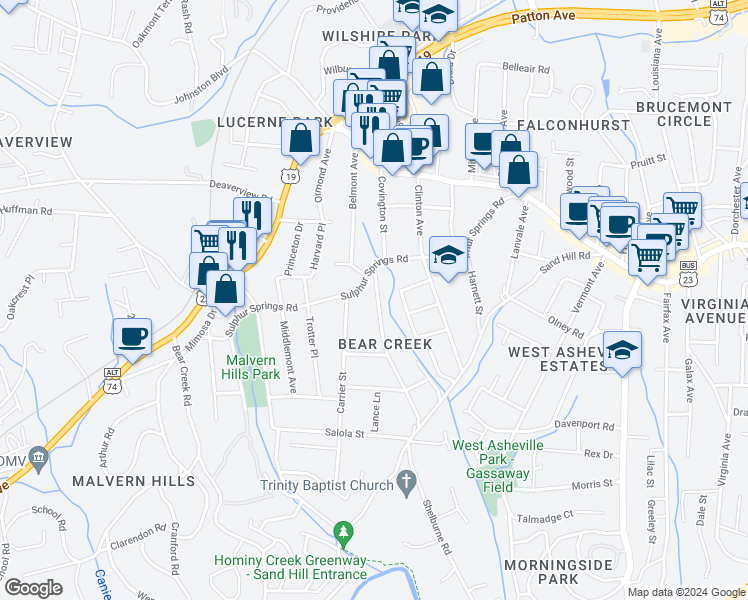 map of restaurants, bars, coffee shops, grocery stores, and more near 36 Delaware Avenue in Asheville