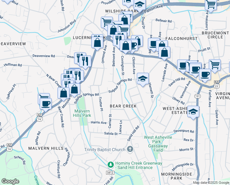 map of restaurants, bars, coffee shops, grocery stores, and more near 237 Sulphur Springs Road in Asheville