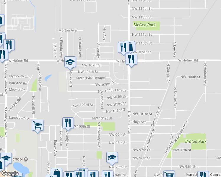 map of restaurants, bars, coffee shops, grocery stores, and more near 1220 Northwest 105th Street in Oklahoma City