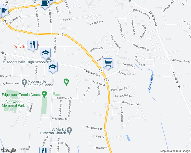map of restaurants, bars, coffee shops, grocery stores, and more near 917 East Center Avenue in Mooresville