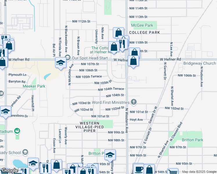 map of restaurants, bars, coffee shops, grocery stores, and more near 1220 Northwest 105th Street in Oklahoma City