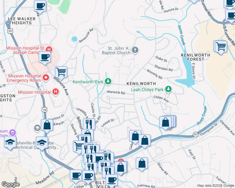map of restaurants, bars, coffee shops, grocery stores, and more near in Asheville