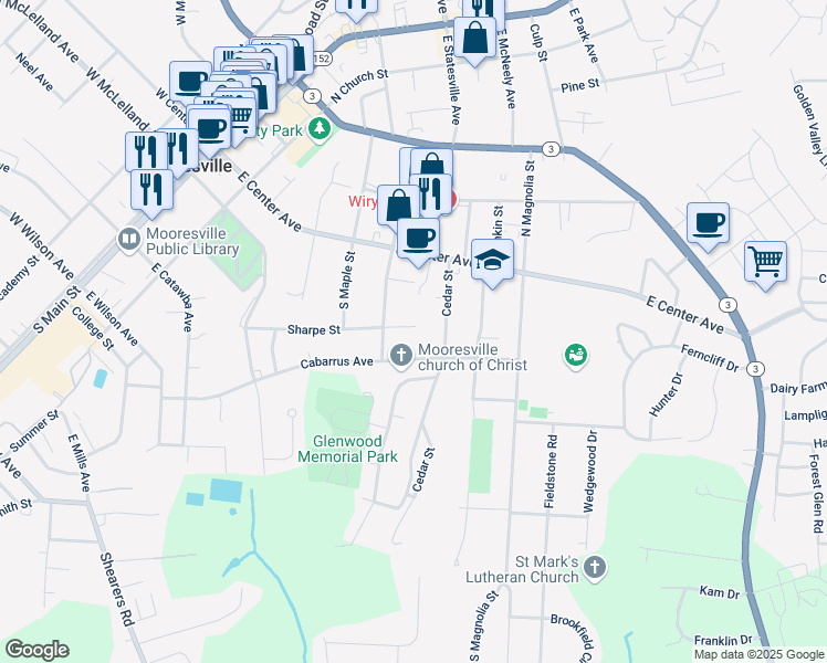 map of restaurants, bars, coffee shops, grocery stores, and more near 519 Sharpe Street in Mooresville