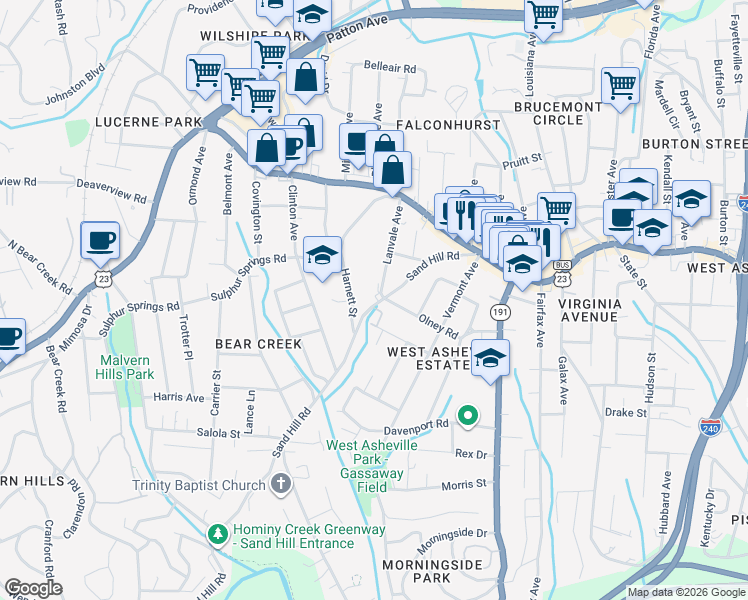 map of restaurants, bars, coffee shops, grocery stores, and more near 115 Sand Hill Road in Asheville