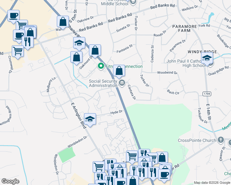 map of restaurants, bars, coffee shops, grocery stores, and more near 2835 North Carolina 43 in Greenville