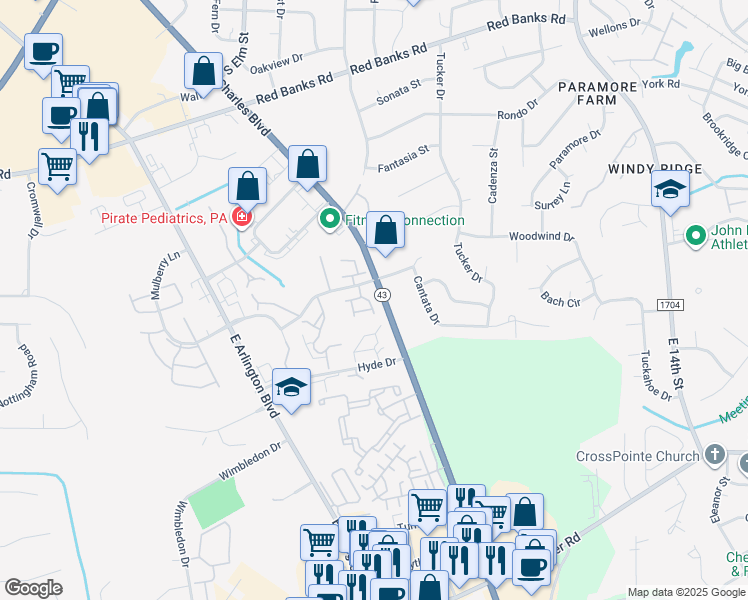 map of restaurants, bars, coffee shops, grocery stores, and more near 2835 North Carolina 43 in Greenville