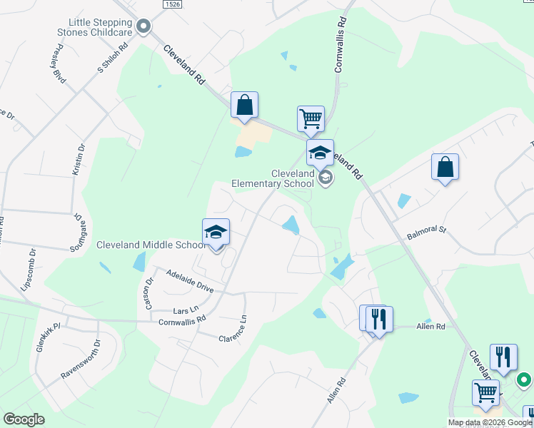 map of restaurants, bars, coffee shops, grocery stores, and more near 13 Sugar Maple Court in Garner