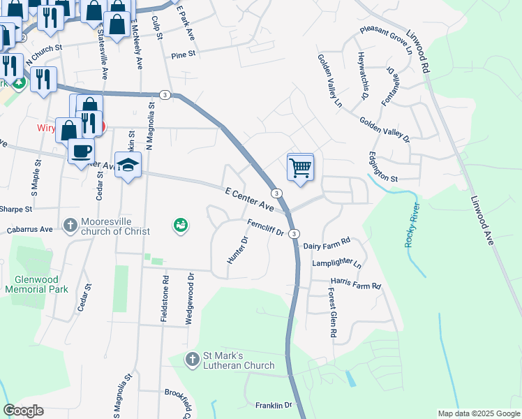 map of restaurants, bars, coffee shops, grocery stores, and more near 917 East Center Avenue in Mooresville