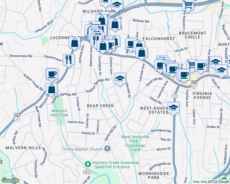 map of restaurants, bars, coffee shops, grocery stores, and more near 123 Clinton Avenue in Asheville