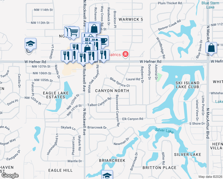 map of restaurants, bars, coffee shops, grocery stores, and more near 6904 Bear Canyon Drive in Oklahoma City