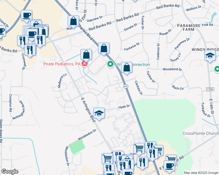 map of restaurants, bars, coffee shops, grocery stores, and more near 101 Breezewood Drive in Greenville