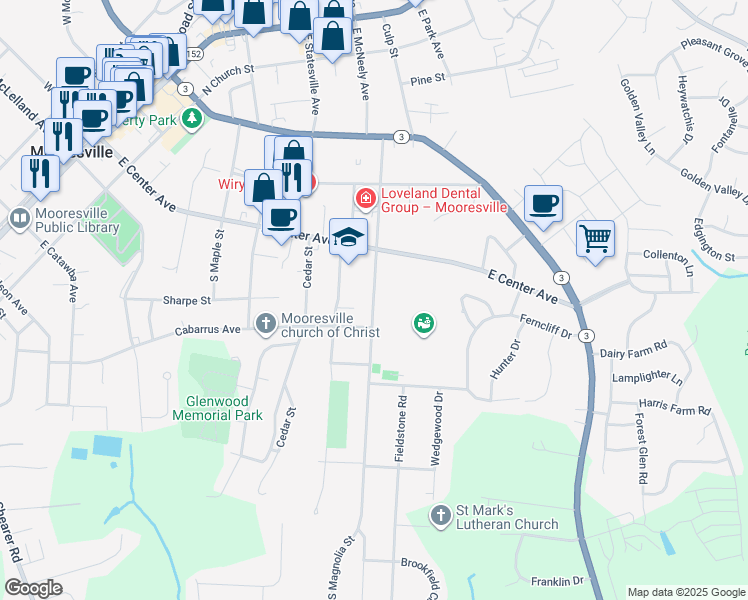 map of restaurants, bars, coffee shops, grocery stores, and more near 160 South Magnolia Street in Mooresville